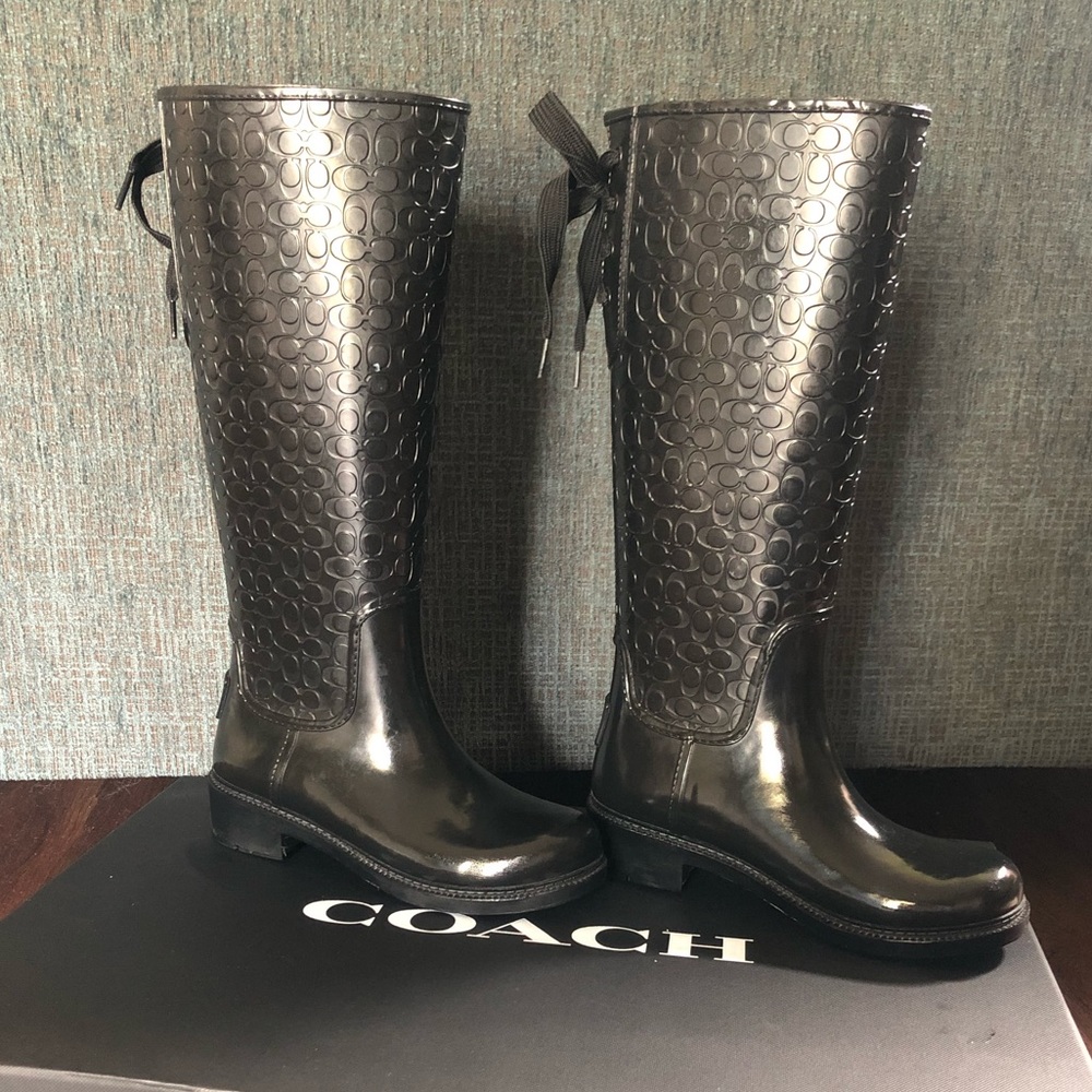 Coach size 5B black rain boots with tie back